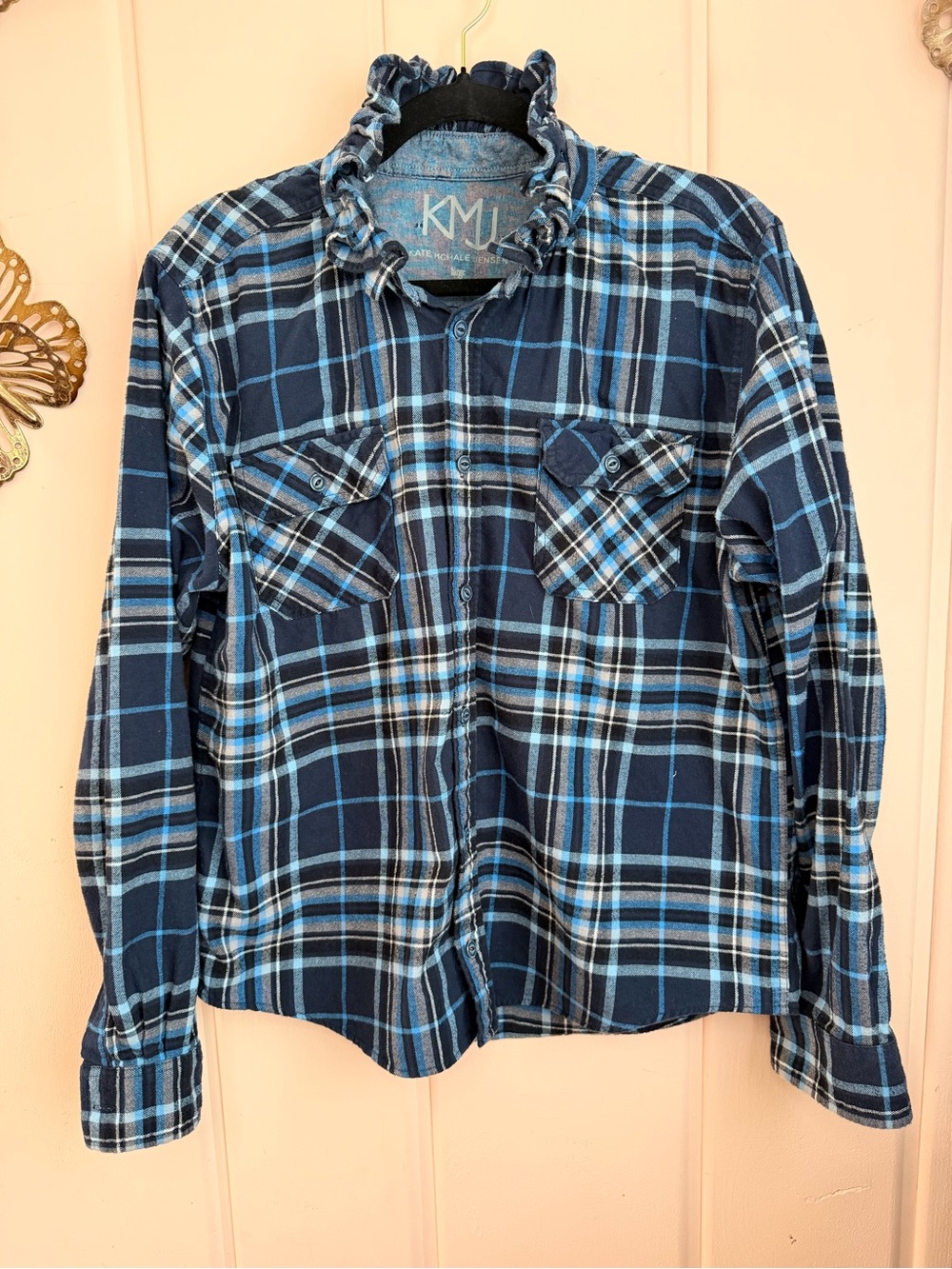 KMJ Kate McHale Jensen Blue Plaid Ruffle Collar Shirt SzL